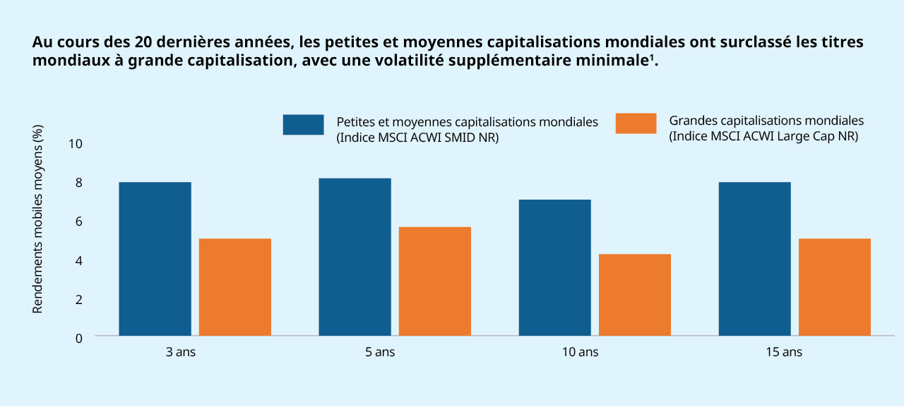 Au cours des 20 dernières années, les petites et moyennes capitalisations mondiales ont surclassé les titres mondiaux à grande capitalisation, avec une volatilité supplémentaire minimale1